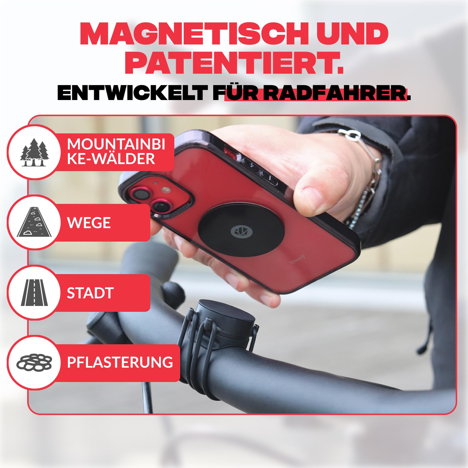 Shapeheart Magnetische Fahrrad Handyhalterung - Einhändiges Anbringen - Universelle Lenkerhalterung für MTB, Motorrad, E-Scooter - Inklusive Metallplatte - Stabiler und Schneller Halt | Für glatte Handyhüllen | Lenker & Vorbau 20–50 mm | 1-Hand-Bedienung