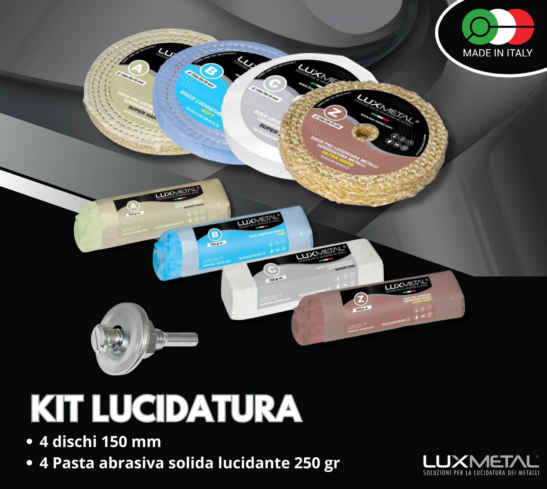 Lux Metal Kit Lucidatura 4 Pasta Abrasiva Lucidante 250 gr e 4 Disco Lucidatura 150 mm in Cotone Trapano Mola Dischi Per Lucidare Acciaio Inox Metalli Alluminio Set Lucida Cromature Ottone Ruota Rame