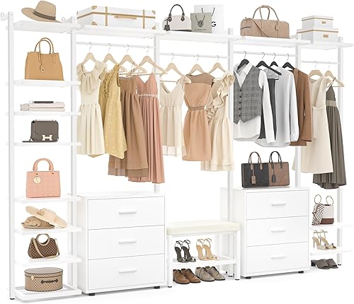 Miniatura 10 de Aheaplus Sistemas organizadores de armario de 8 pies con 6 cajones, organizador de armario de madera de 96 pulgadas con almacenamiento