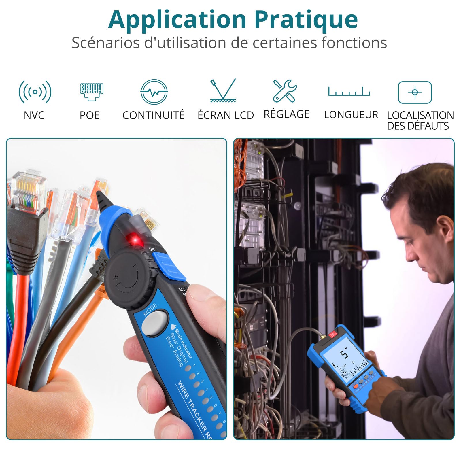 Testeur de Câble Réseau RJ45 RJ11 avec Écran LCD, Détecteur de Câble Fonction PoE & NCV Détecteur de Ligne Continuité Traqueur de Fil Multifonction pour CAT5 CAT6 CAT7 CAT8