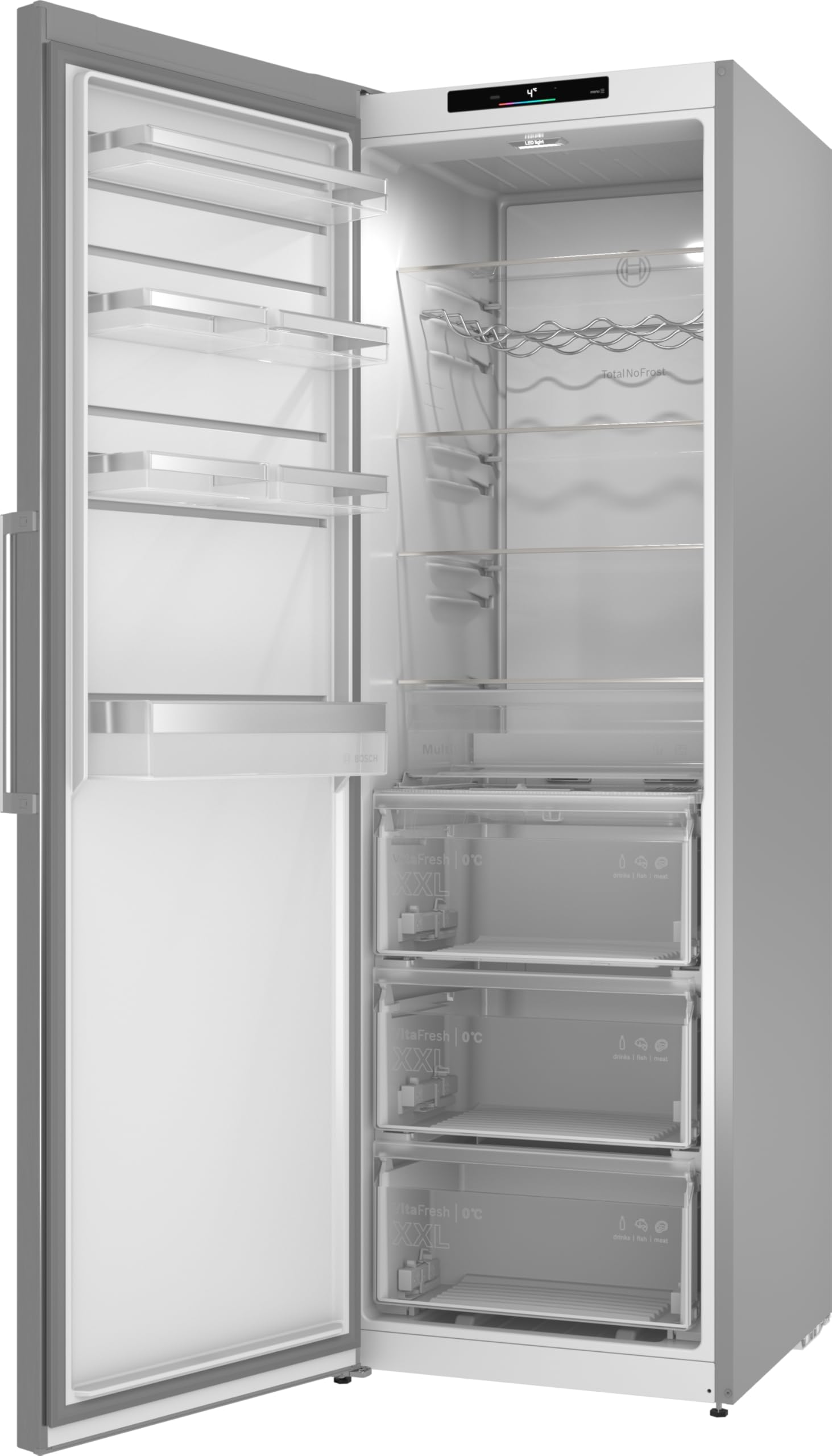 Bosch Seria 4 lodówka wolnostojąca 186,2 x 59,5 cm, KSN36VLDG, pojemność użytkowa 402 l, Total No Frost, VitaFresh XXL 0°C, MultiAirflow zapewnia równomierne chłodzenie, Home Connect, wygląd metalu