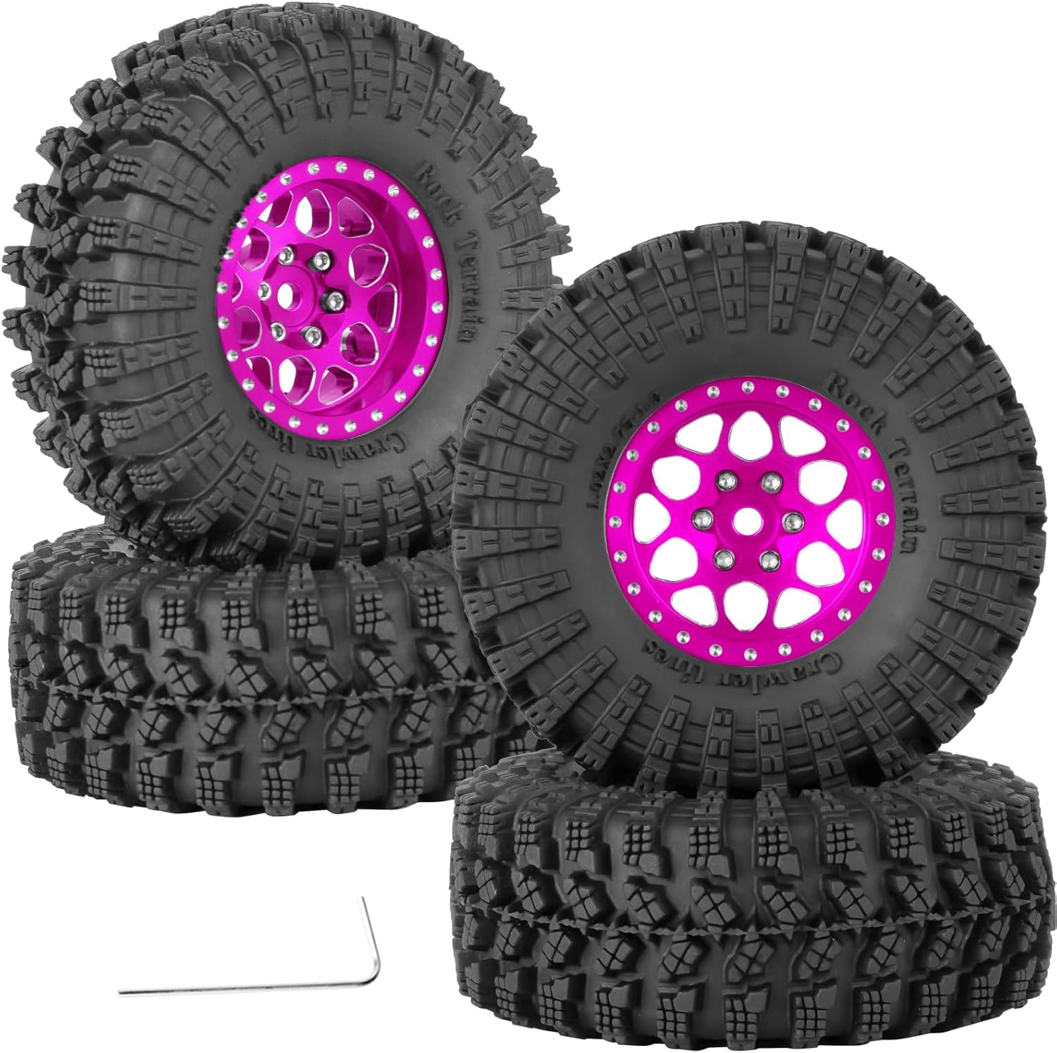 1.3" Beadlock Wheel Tires Set for 1/18 1/24 SCX24 TRX4M RC Crawler Car,Alloy RC Wheel Rims Brass Coating Rings All Terrain RC Tires,Pink