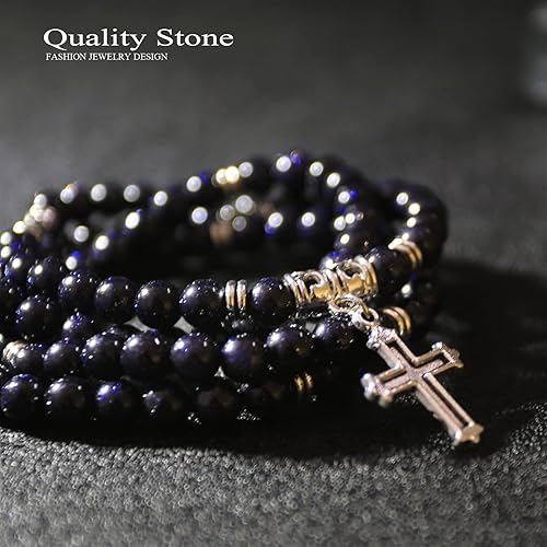 Miniatura 2 de KS-WORKSHOP 108 Beads 6MM Wrap Bracelet for Women Handmade Stretch Long Chain Quality Stone Black Blue Sandstone Beaded Girls Charm Christ Pendant