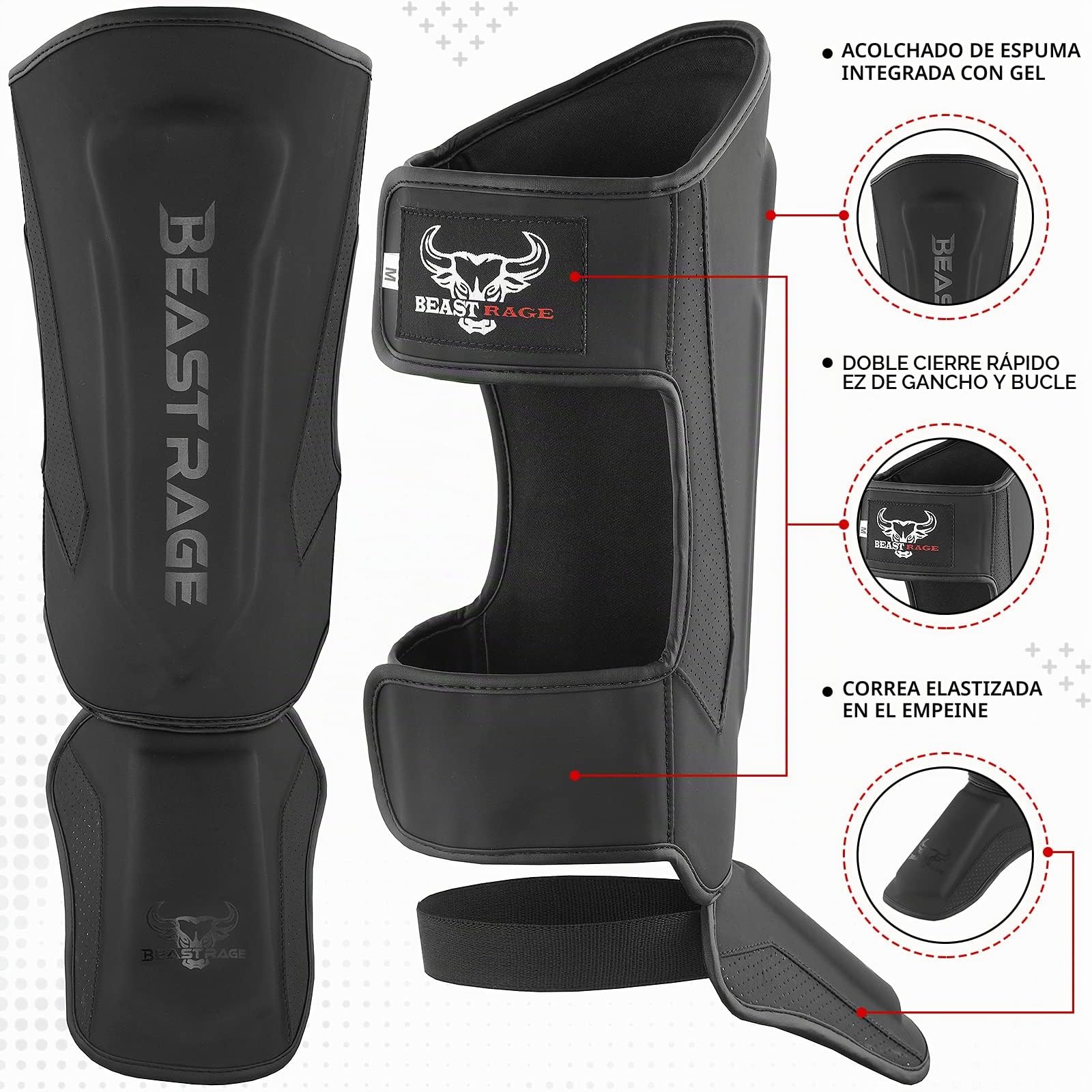 BEAST RAGE Espinilleras para Kickboxing Muay Thai, MMA, espinilleras de Artes Marciales, Protector de piernas con protección en el Empeine, Equipo de Entrenamiento de MMA, BJJ Karate Boxing