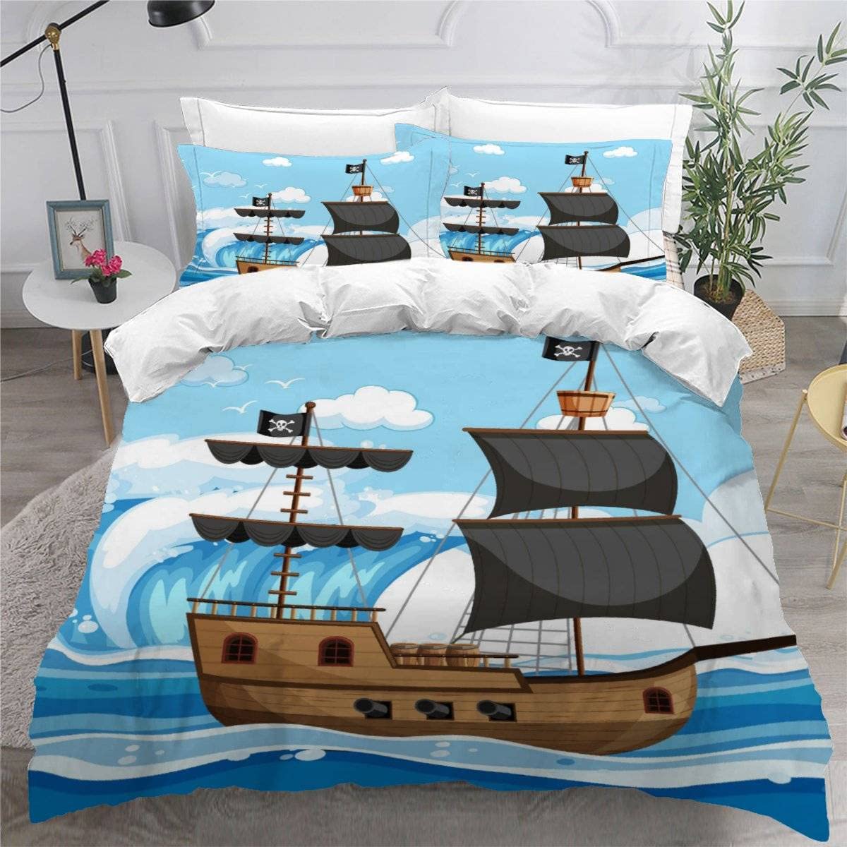 VASENA Duvet Cover King Size 3d Printed Adults Teenager Microfiber Fluffy Kingsize Bedding Pirate Ship Ocean Theme Comforter Cover King Size with Pillowcases（230x220）