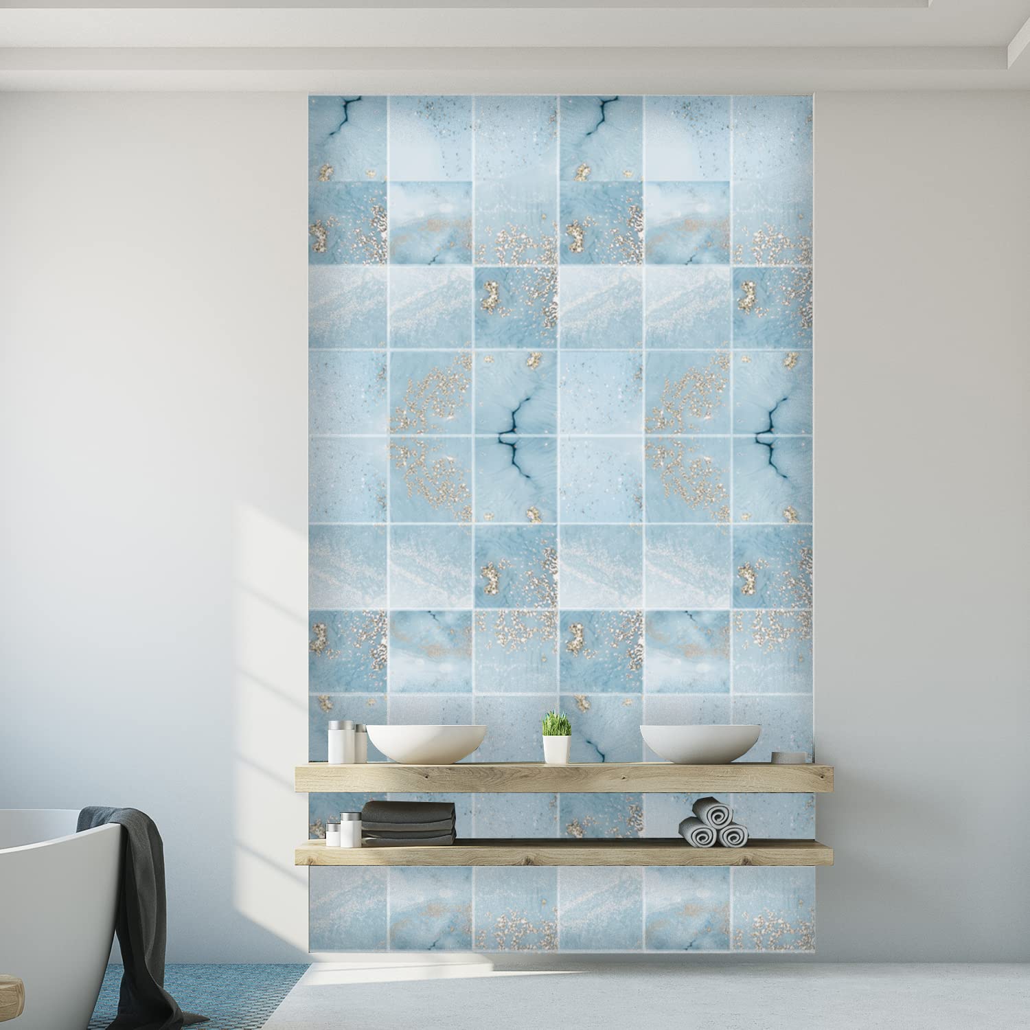 Alwayspon 24PcsX20cm/8inch Vinyl Wall Tile Sticker Transfer, Waterproof Sticky Back Tile Sticker for Kitchen Bathroom Self-adhesive Peel and Stick PVC Stick on Tile, Ocean Blue Marble