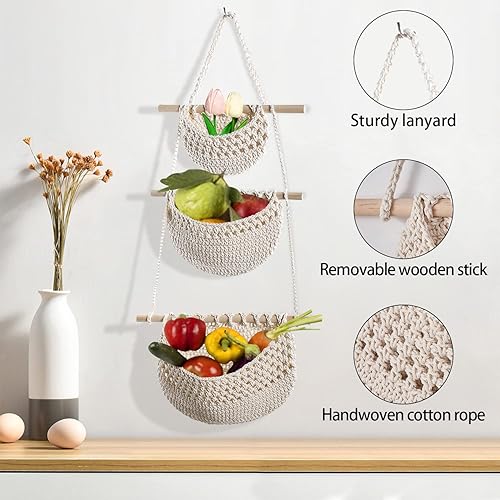 Miniatura 3 de Cestas de frutas colgantes hechas a mano, cesta de frutas de 3 niveles, cesta colgante tejida de cuerda de algodón, organizador de pared bohemio