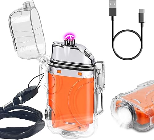 SKRFIRE Encendedor eléctrico transparente, impermeable, encendedor de doble arco con linterna LED, encendedor a prueba de viento, encendedor USB