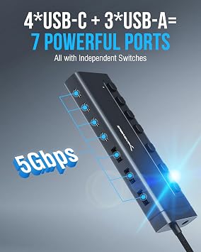 SABRENT 7-Port USB-C Hub, 48W Powered, 5Gbps, 3 USB-A + 4 USB-C (HB-3A4C) | 20W PD; LED status; aluminum body; power switches; for Mac, PC, Steam Deck, ROG Ally