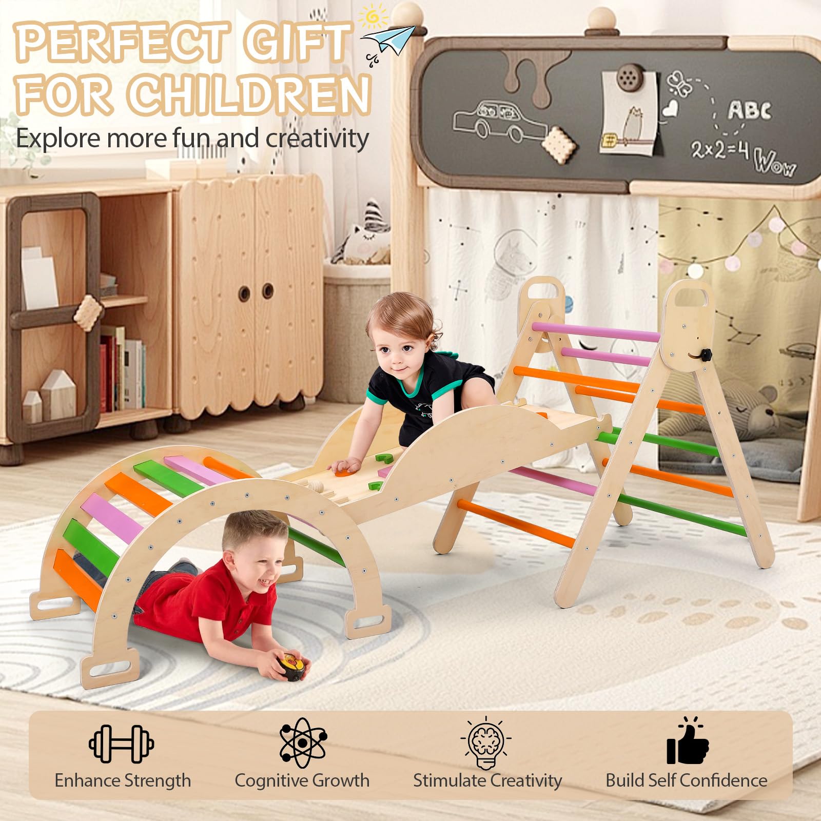 GarveeLife 9-in-1 Montessori Kletterdreieck Set Mit Rutsche, Schaukelbogen | Leiter, Pinball-Spiel Und Wippe, Holz Klettergerüst Für Babys & Kleinkinder, Indoor Spielgerät, Faltbar & Sicher Holzset