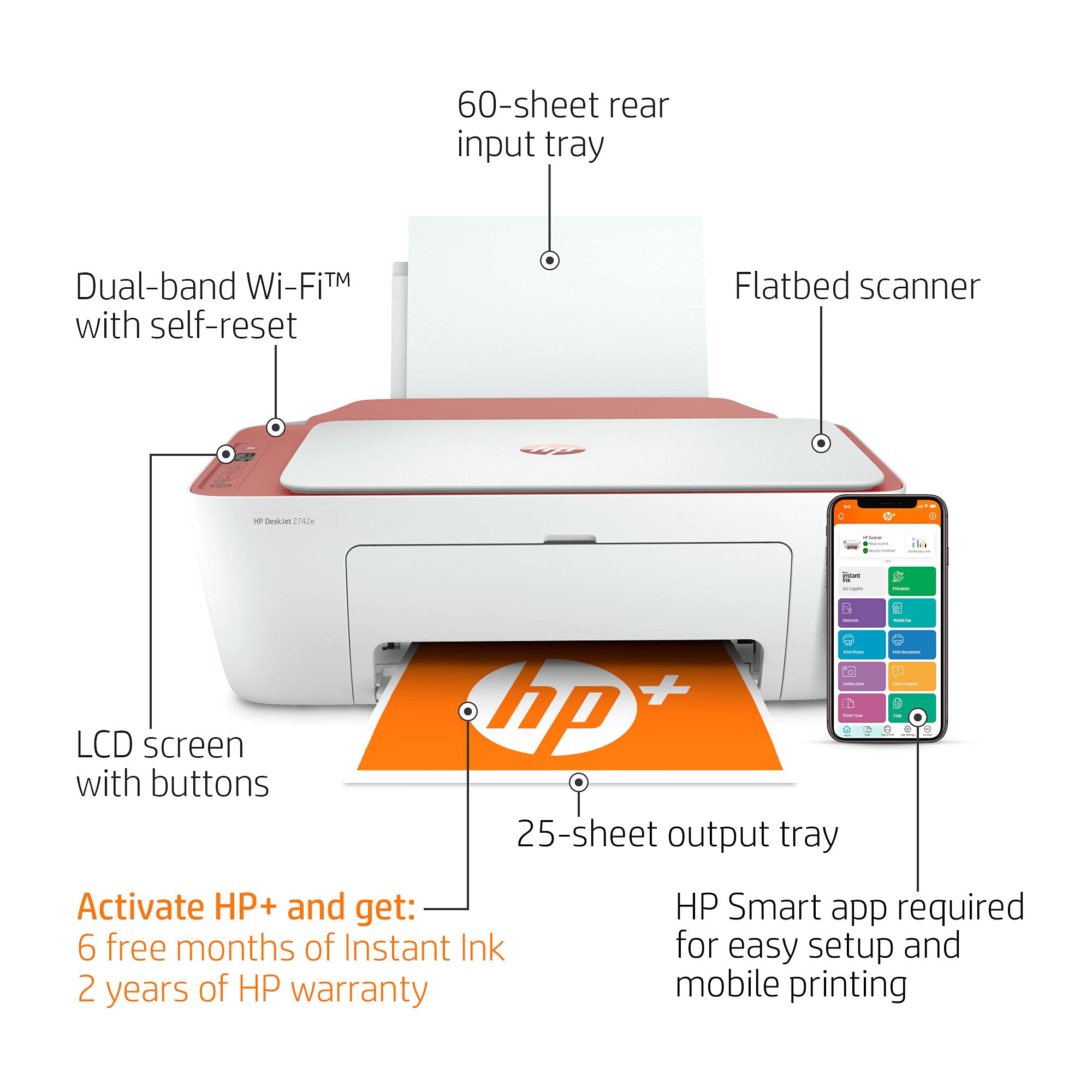 HP DeskJet 2752e Wireless All-in-One Instant Ink Ready Color Inkjet Printer, Black - Print Scan Copy - WiFi, Bluetooth, USB Connectivity, Icon LCD Display, 1200 x 1200 dpi, Cbmou External Webcam