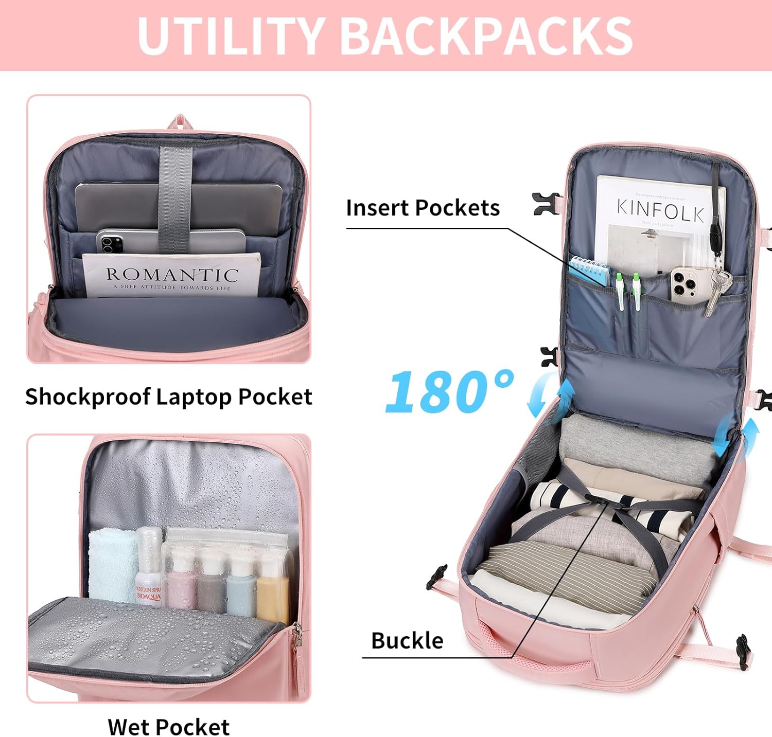 Women’s Expandable Travel Backpack, 25-31L Flight Approved Carry On Daypack with Laptop Compartment & Wet Pouch, Water-Resistant Overnight Bag for Short Trips, Pink