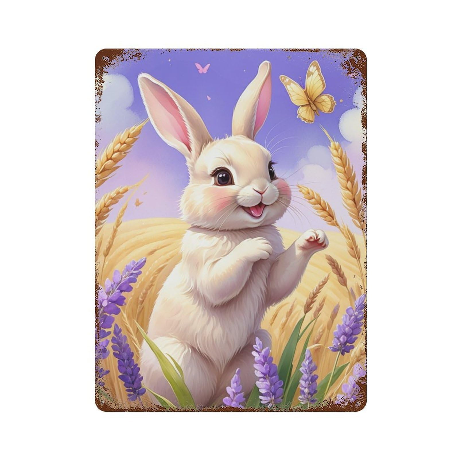 Bunny in Lavender Field Distressed Metal Wall Sign 15.7"x11.8", Rustic Home Decor for Living Room, Hallway And Home Decor