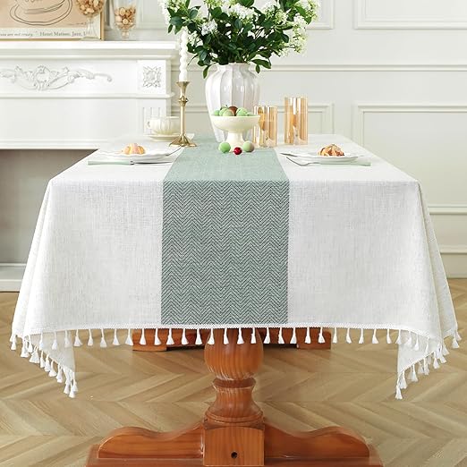 Laolitou Rectangle Tablecloth for Dining Table Rustic Farmhouse Kitchen Tables Cloth Coffee Table Cover, Cotton Linen Fabric Small Rectangle Tablecloths, Green Stripe, 55x70 Inch