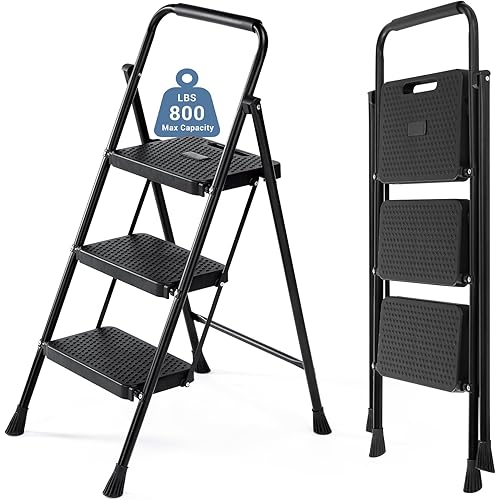 DUMOS Step Ladder, 3 Step Stool Foldable with Anti-Slip Pedal & Comfortable Handrail, 800lbs Capacity Sturdy Steel Ladder, Portable Heavy Duty Step Stool for Kitchen, Garage & Outdoor Use, Black