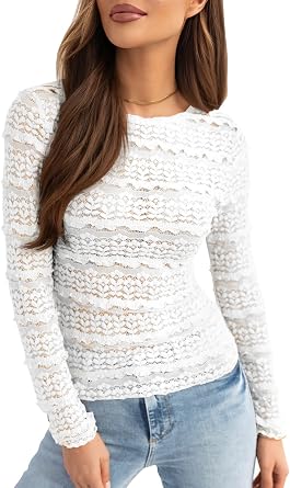 Essrite Womens Slim Fit Lace Mesh Top Crew Neck Long Sleeve See Through Shirt Blouses Tops Fall Outfits 2026