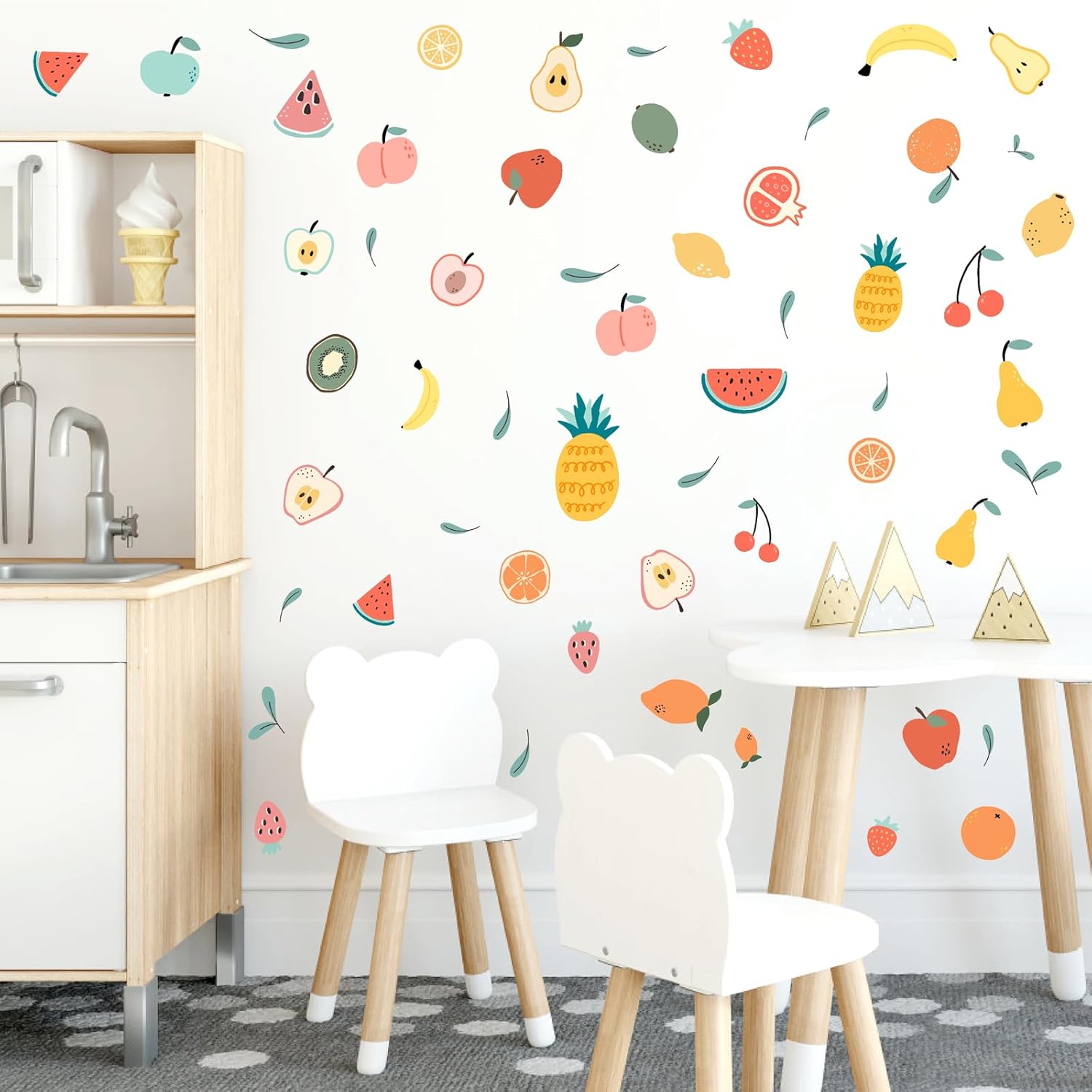 Colorful Fruit Wall Decals Peel and Stick Cartoon Fruit Wall Stickers Cute Small Fruit Leaf Wall Sticker Multicolor Summer Fruits Wall Decals for Nursery Kitchen Kids Room Decor