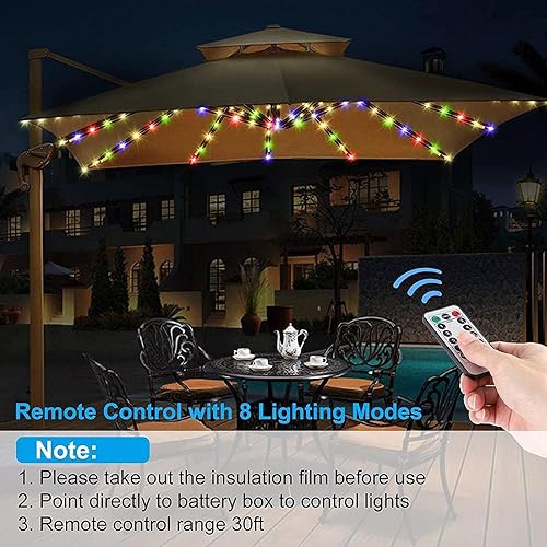 Miniatura 5 de keeda Luces para sombrilla de patio, 104 LED, 8 modos, funciona con pilas, con control remoto, impermeables, para exteriores, luces para cenador,