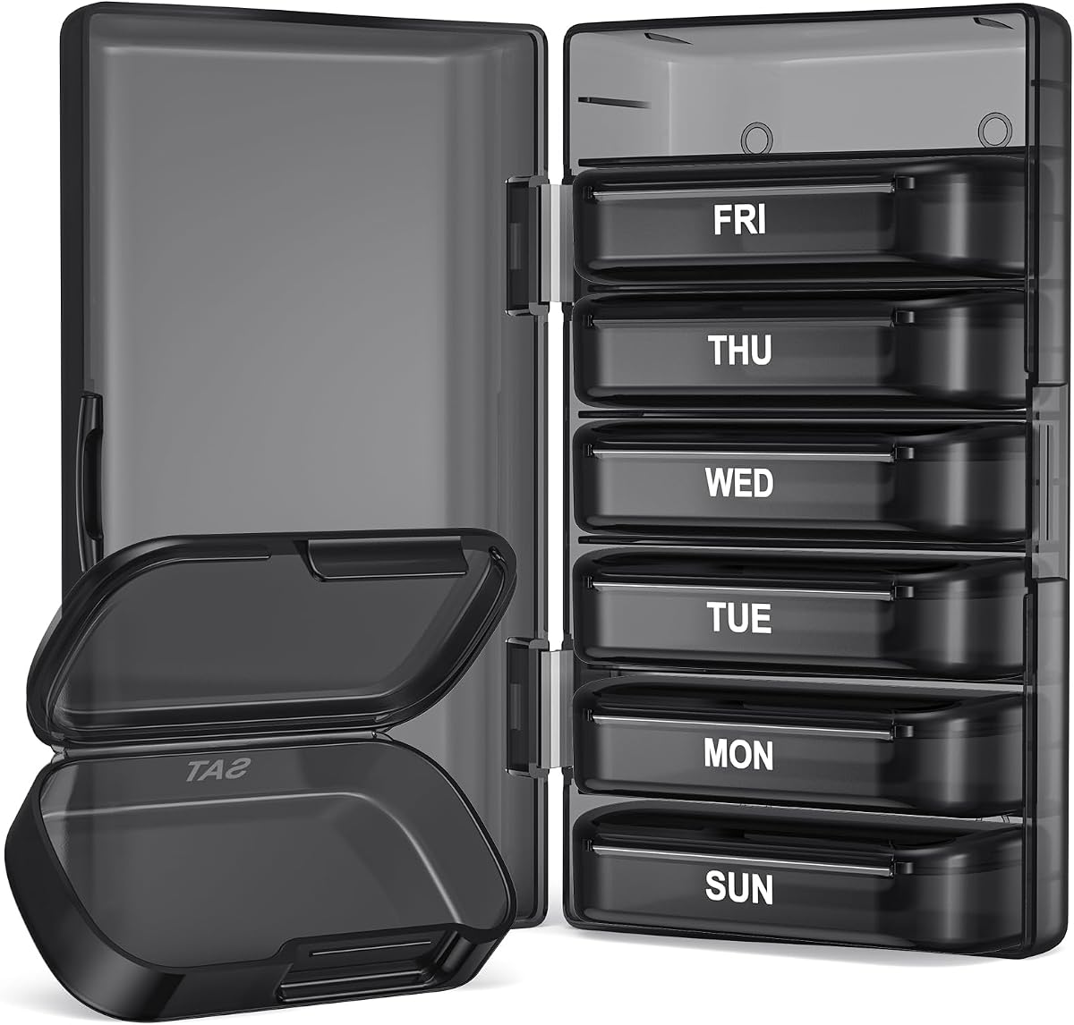 Weekly Pill Organizer with Large Capacity, Dual Protection (Black) | Pill Box 7 Day, Arthritis Friendly Pill Case Easy to Open, Medicine Organizer for Vitamins, Medication, Fish Oils, Supplement