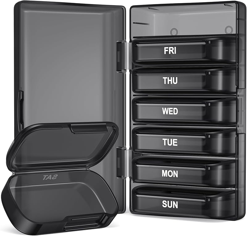 Weekly Pill Organizer with Large Capacity, Dual Protection (Black) | Pill Box 7 Day, Arthritis Friendly Pill Case Easy to Open, Medicine Organizer for Vitamins, Medication, Fish Oils, Supplement