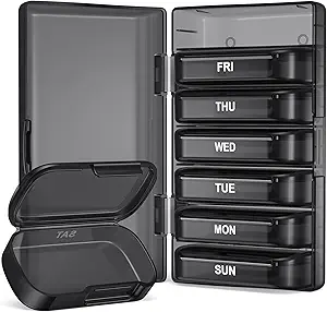 PULIV Weekly Pill Organizer with Large Capacity, Dual Protection, Easy-to-Open Design, Arthritis Friendly - Black