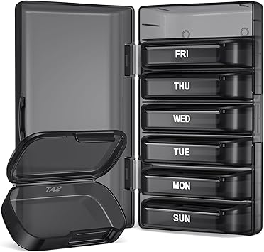 PULIV Weekly Pill Organizer with Large Capacity, Dual Protection Pill Box 7 Day, Arthritis Friendly Pill Case Easy to Open, Medicine Organizer for Vitamins, Medications, Fish Oils, Supplements Black