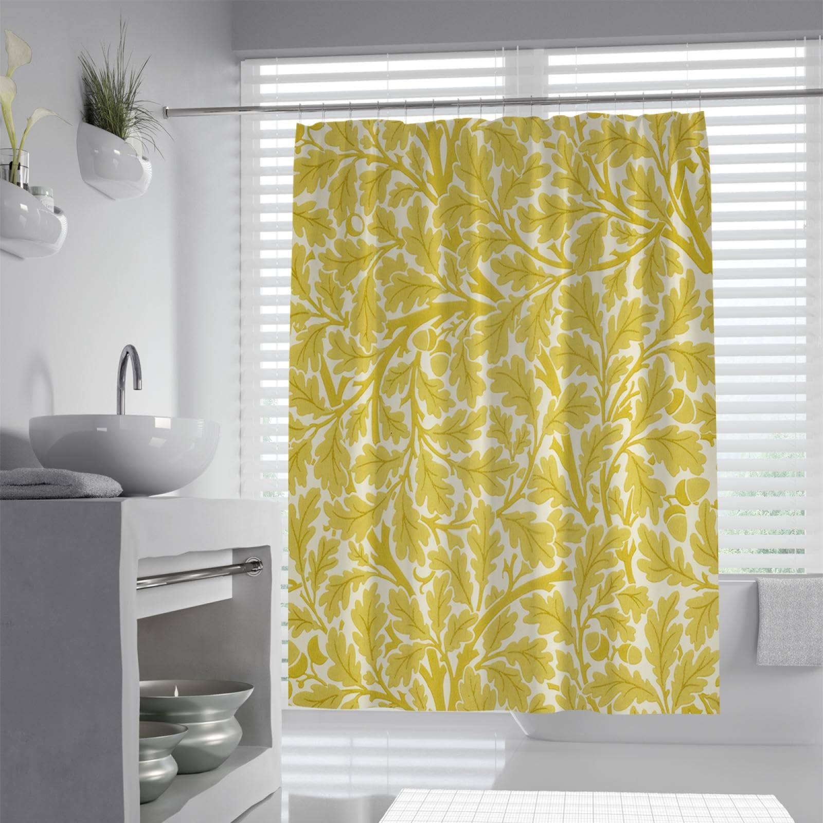 Cortina de Ducha con Estampado de Hojas botánicas Amarillas Decoración de baño Moderna y Brillante Cortina de Ducha de bañera de Tela de poliéster Impermeable con Ganchos 240Bx200Lcm