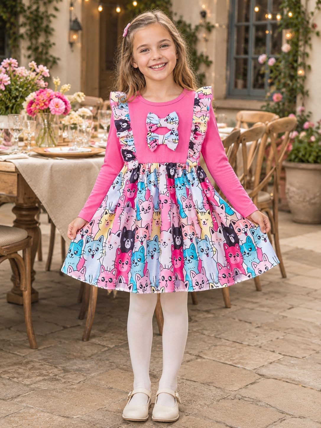 RETSUGO Little Girls Long Sleeve Dresses Print Splicing Ruffles Bowknot Girls A-line Dress image 3