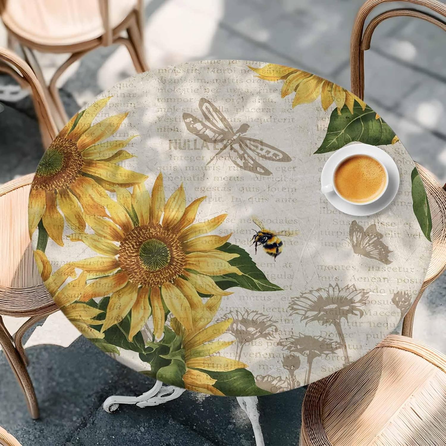 Summer Yellow Sunflower Fitted Round Tablecloth,Retro Newspaper Back Table Cover with Elastic Edge Waterproof Table Cloth,Farm Floral Bee Circle Covers for Kitchen Indoor Outdoor Party 36-44in