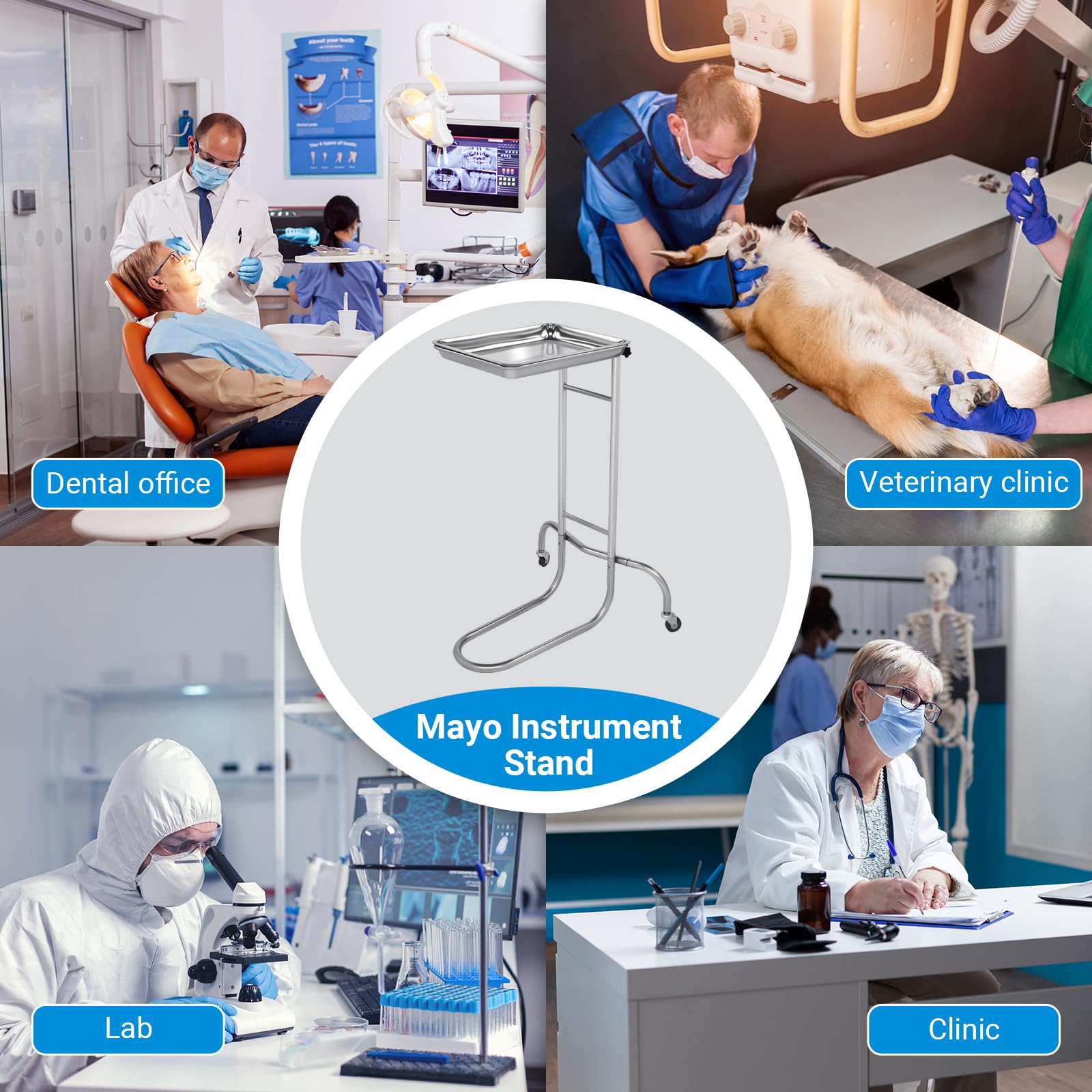 Mayo Instrument Stand, Mobile Rolltisch für Zahnmedizin, Veterinärmedizin, Haustierkliniken Zubehör - Verstellbare Höhe 35 "-51" Doppelposten Dienstwagen mit Lift-Out-Tray (A)