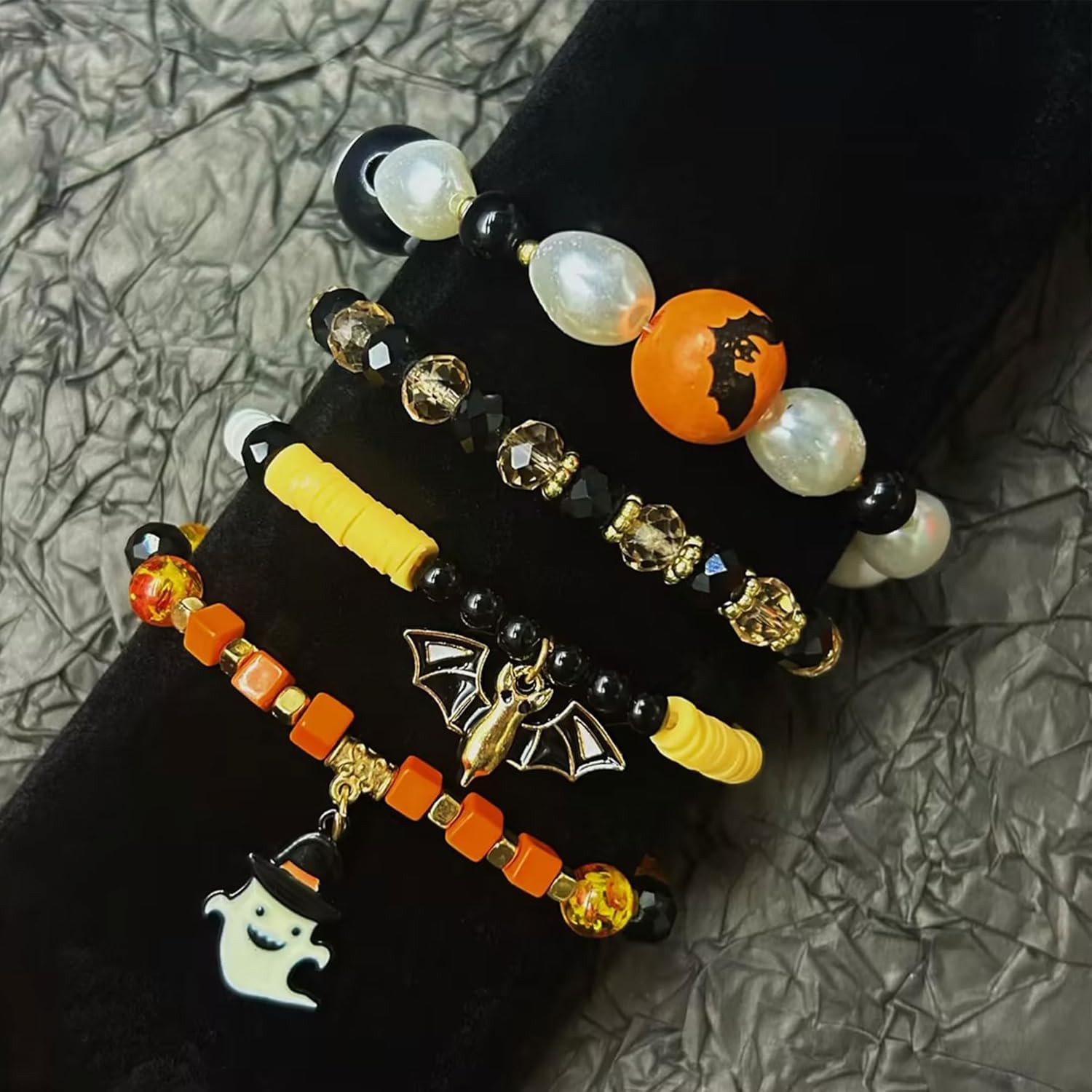 Halloween Bracelets for Women Pumpkin Skull Ghosts Bat Spider Stretch Beaded Bracelets Stackable Bracelet Halloween Jewelry for Women - Image 3