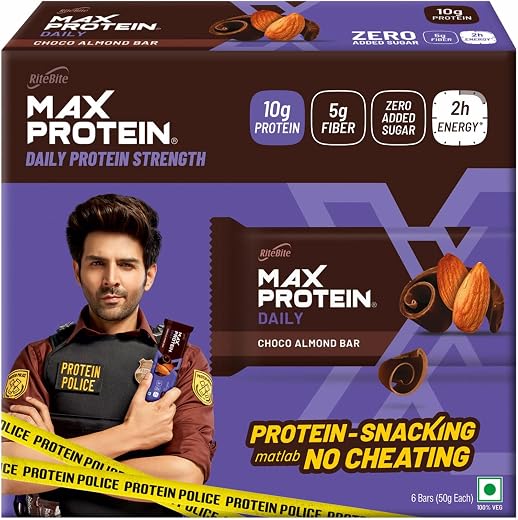 RiteBite Max Protein Daily Choco Almond Protein Bars with 10g Protein, 5g Fiber &amp; 21 Vit. &amp; Minerals | 0 Added Sugar, No C...