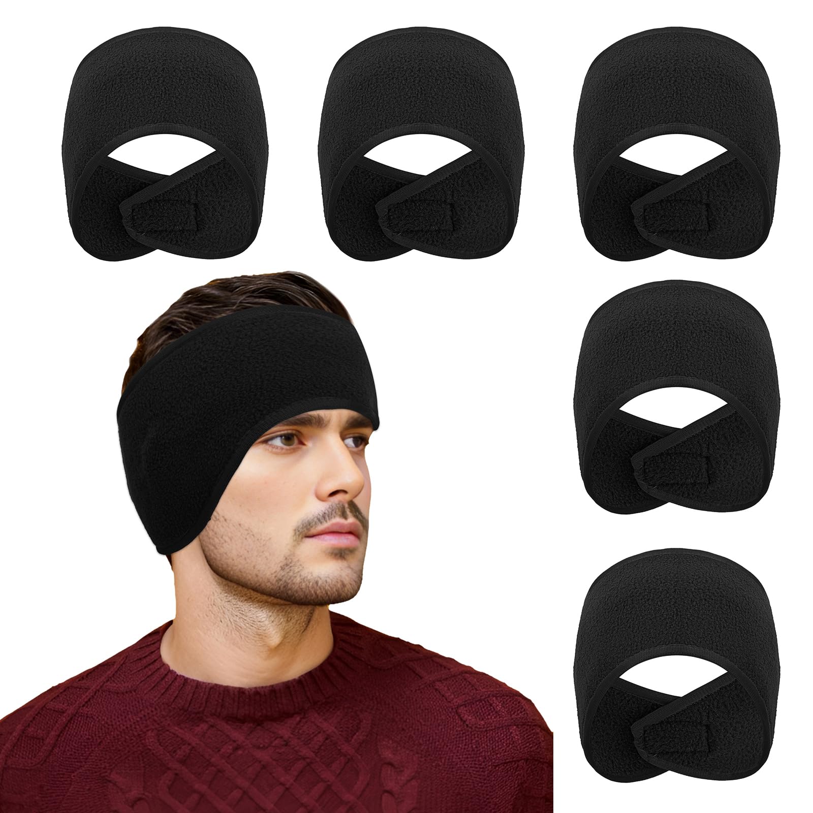 TopTie 5PCS Micro-Fleece Headband Winter Earlap Head Warmer Ear Muffs for Cold Weather Women Man - Black