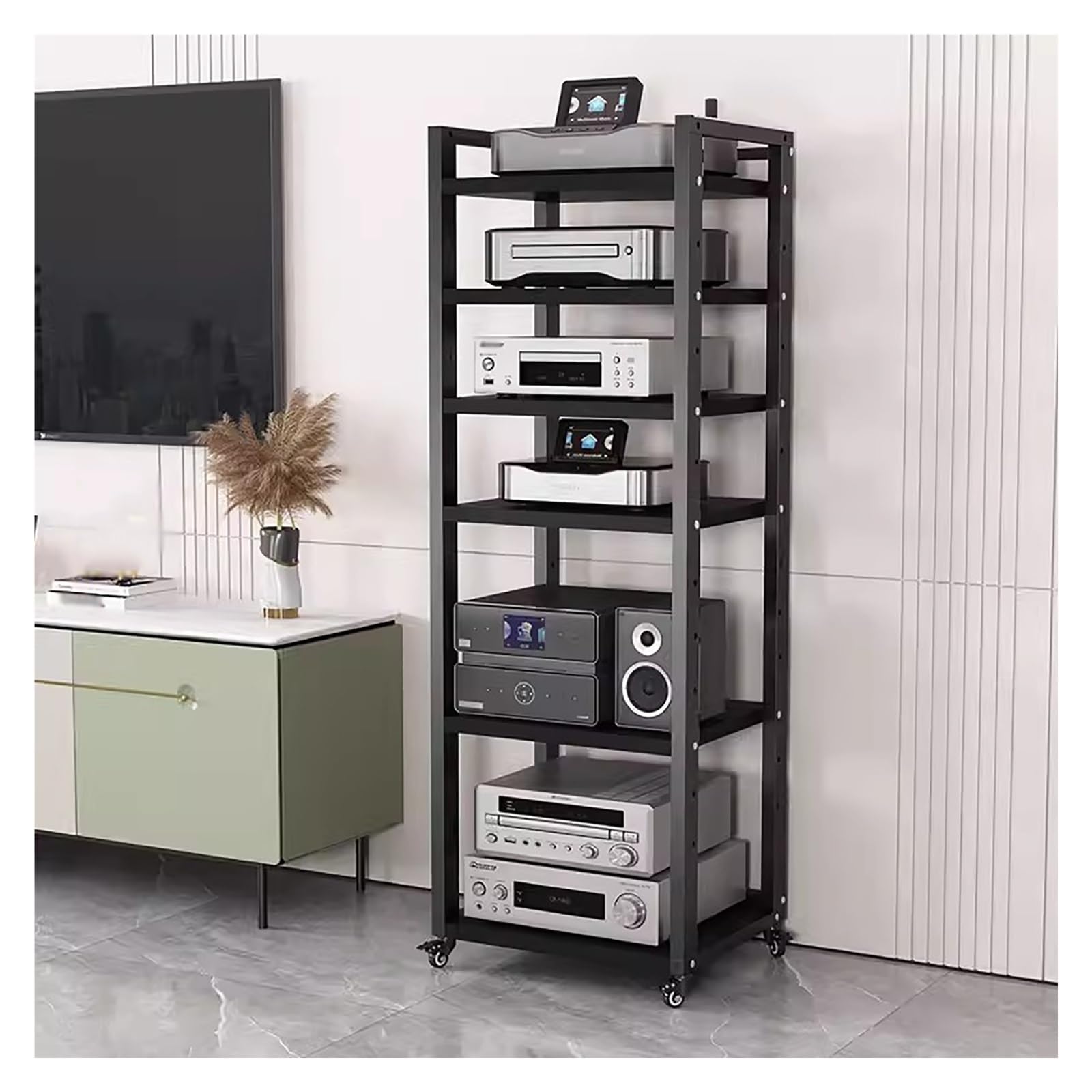 Wysokie Stojaki Stereo I Stojaki Na Kółkach, Szafka Do Przechowywania Multimediów, Czarny Nowoczesny Stojak Na Komponenty Stereo, Stojak Na Sprzęt Audio-Wideo（6 Tier-60Cm Wide）