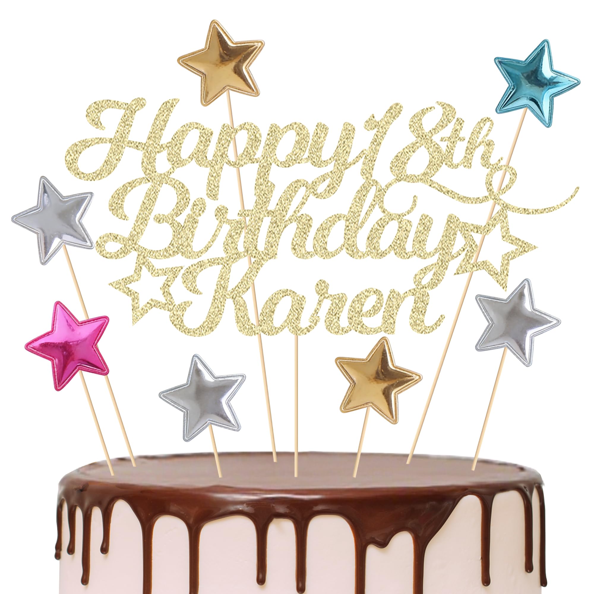 EDSG Happy Birthday Cake Topper Personalised, Custom Cake Topper with Any Age Name, Double-Sided Glitter Cake Topper 13th 16th 18th 21st 30th 40th 50th 60th 80th (with Colored Star Set)
