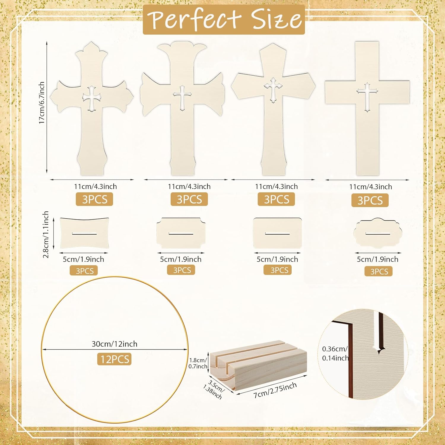 24 Pcs Baptism Centerpiece Decoration for Tables First Communion 12 Standing Wood Crosses for Craft 12 Metal Floral Hoop Centerpiece with Stand for Party Wedding Home Decor