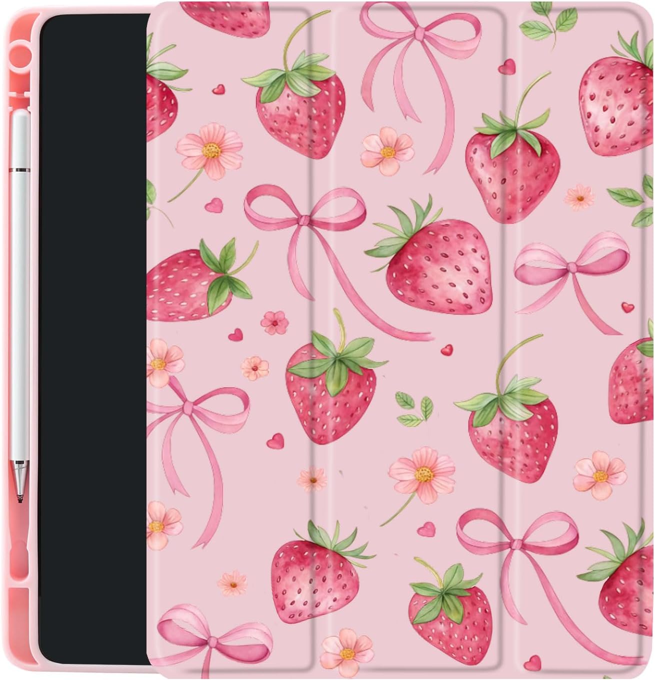 CraftedCY Pink Bpws Strawberry Case for Ipad 10Th 10.9" Cute Cover for ipada16 11" 2025 Auto Sleep/Wake Adjustable &Pencil Holder Aesthetic Women Pattern Anti-Slip Shockproof Shell