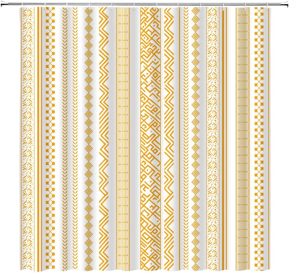 Yellow and White Striped Shower Curtain Geometric Stripes Chic Cute Retro Aztec Tribal Vintage Aesthetic Girly Fabric Bathroom Decor Curtains with Hooks,70W x 82L