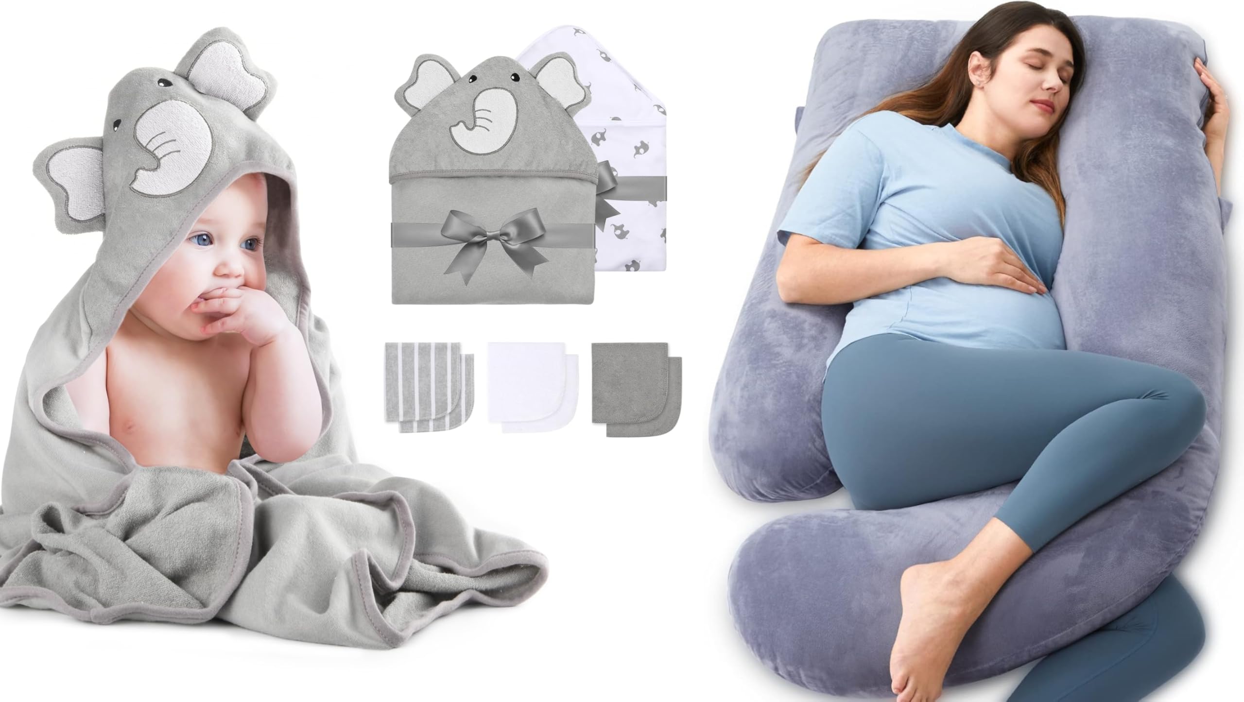 momcozy Set Asciugamani per Bambini 8 pz con Cappuccio, 2 Accappatoi Neonato 76x76 cm + 6 Quadrati Cotone 24x24 cm, Morbido e Super Assorbente, Cuscino Gravidanza in Velluto – Cuscino a Forma