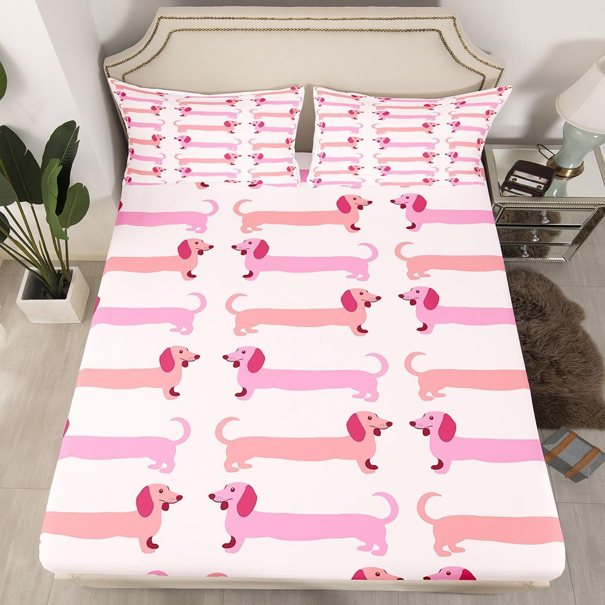 Cute Dachshund Dog Fitted Sheets Full Size (No Flat),Cartoon Pet Animals Bedding Set 3Pcs,Kids Teens Woman Room Decor,Pink Doggy Bed Sheet Funny Dachshund Deep Pocket Sheet,2 Pillowcases