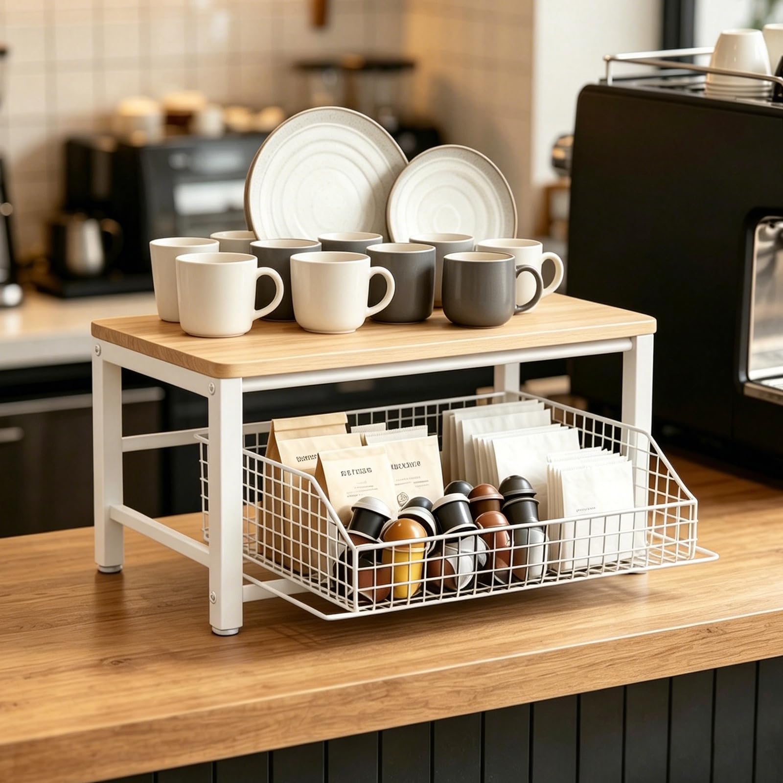 Coffee Pod Drawer, Coffee Machine Stand, Coffee Station Organizer, White