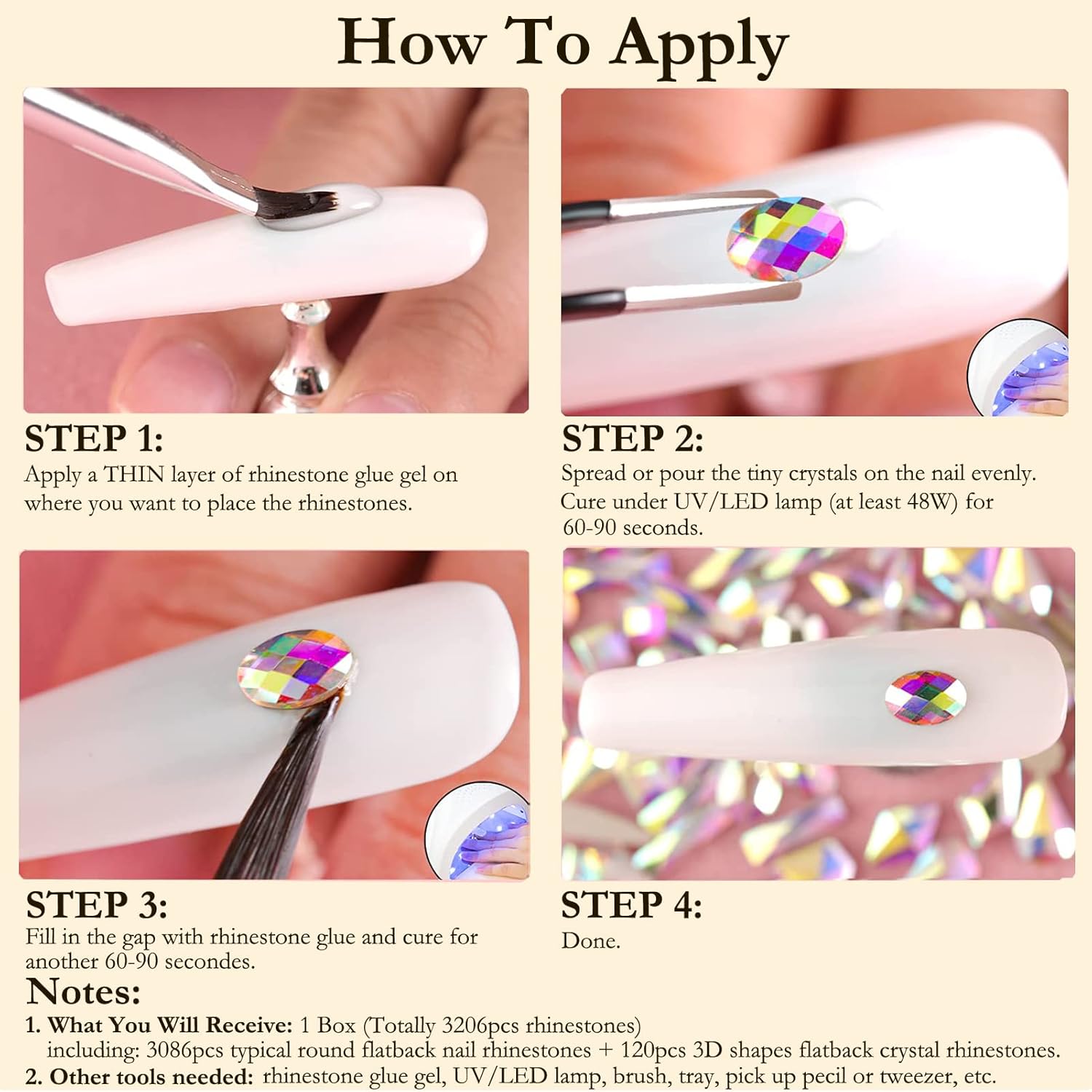 Dowarm 3200PCS Nail Art Rhinestones, Crystal AB Flatback Rhinestones for Nails, Crafts, 12 Styles 3D Glass Crystal Nail Gems, Iridescent Diamond Stones - Image 4