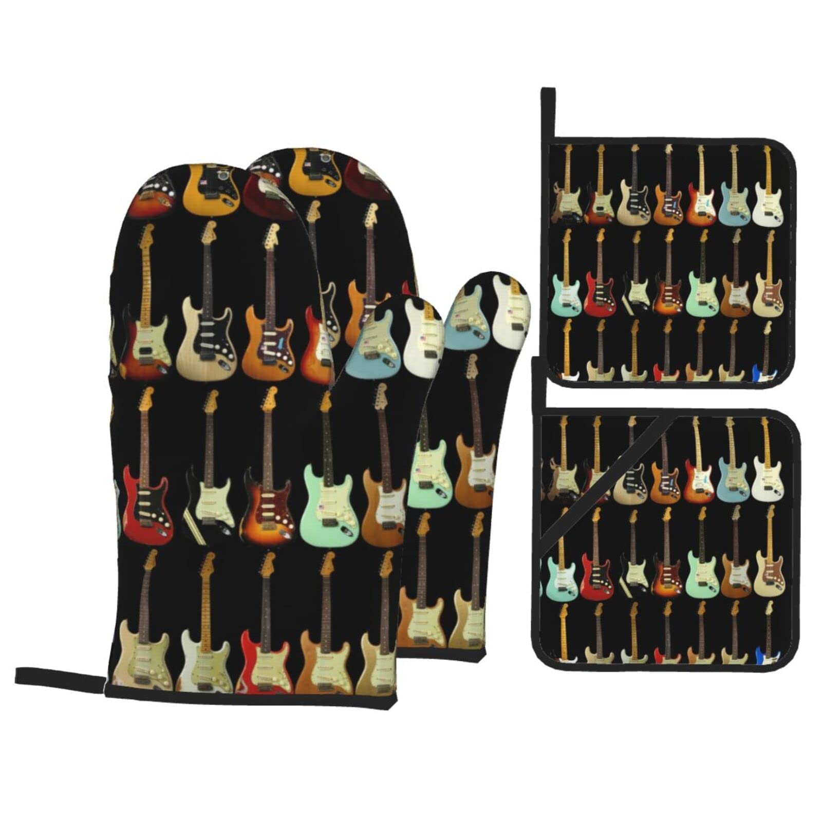 Art Guitar Pattern Oven Mitt and Pot Holder 4-Piece Set for Kitchen, Outdoor Grill, Baking