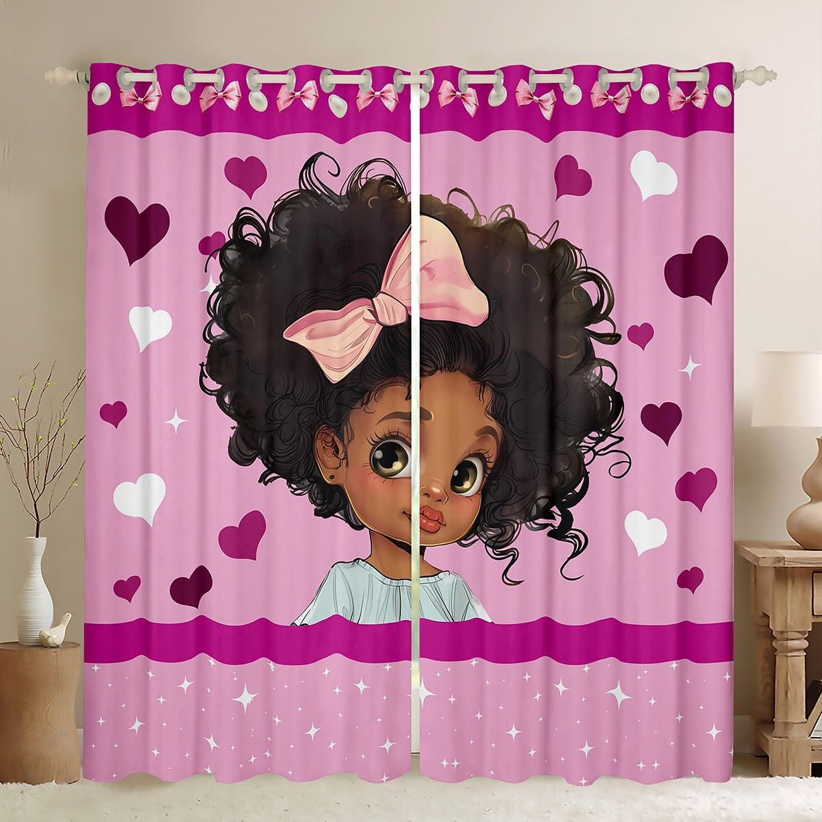 Cute Girl African Ethnic Curtains for Teens Bedroom Love Heart Starry Window Curtains Pearl Bow Knot Cartoon Window Drapes Girly Pink Window Treatments 52x84 Inches,2 Panels