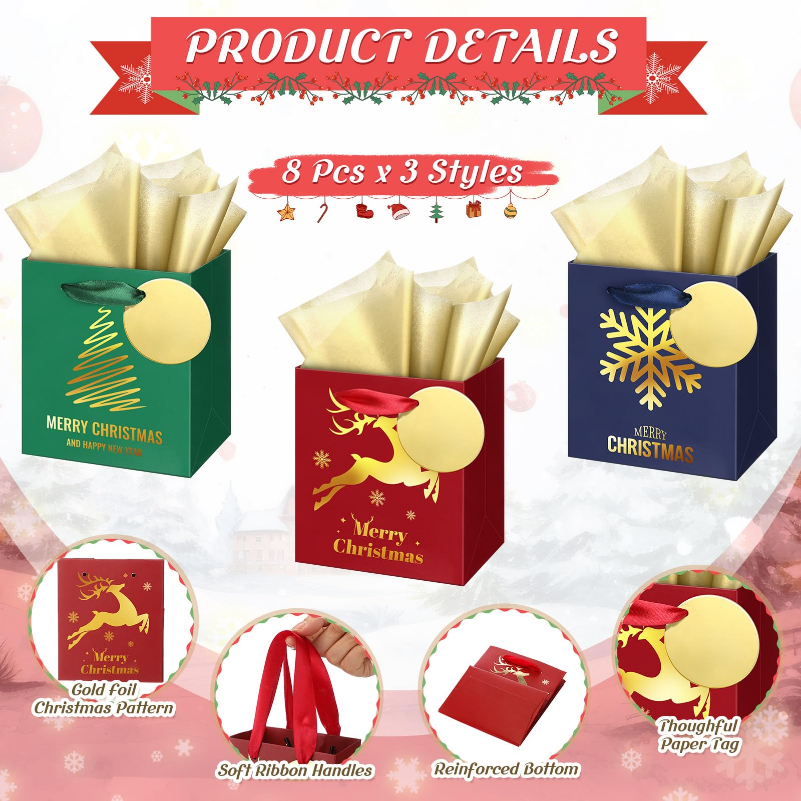 Aliceset 24 mini bolsas de regalo de papel de Navidad con asas, 3 bolsas de regalo de papel metálico dorado surtido con papel de seda de 4.5 x 4 x 2.75 pulgadas, bolsa de regalo verde, rojo, azul
