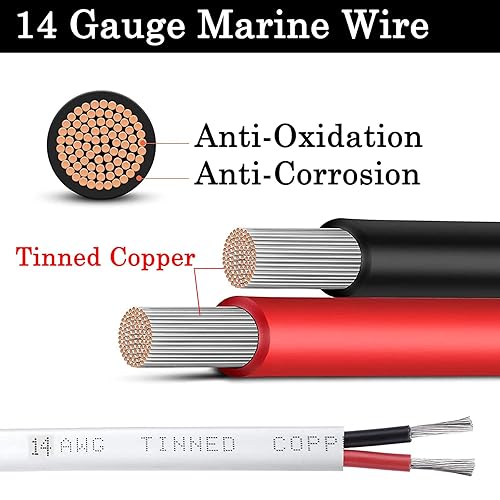 Miniatura 2 de Cable marino de calibre 14, cable dúplex de grado marino de 50 pies, cable de cableado de cobre estañado de 14 AWG, cable eléctrico para lanchas