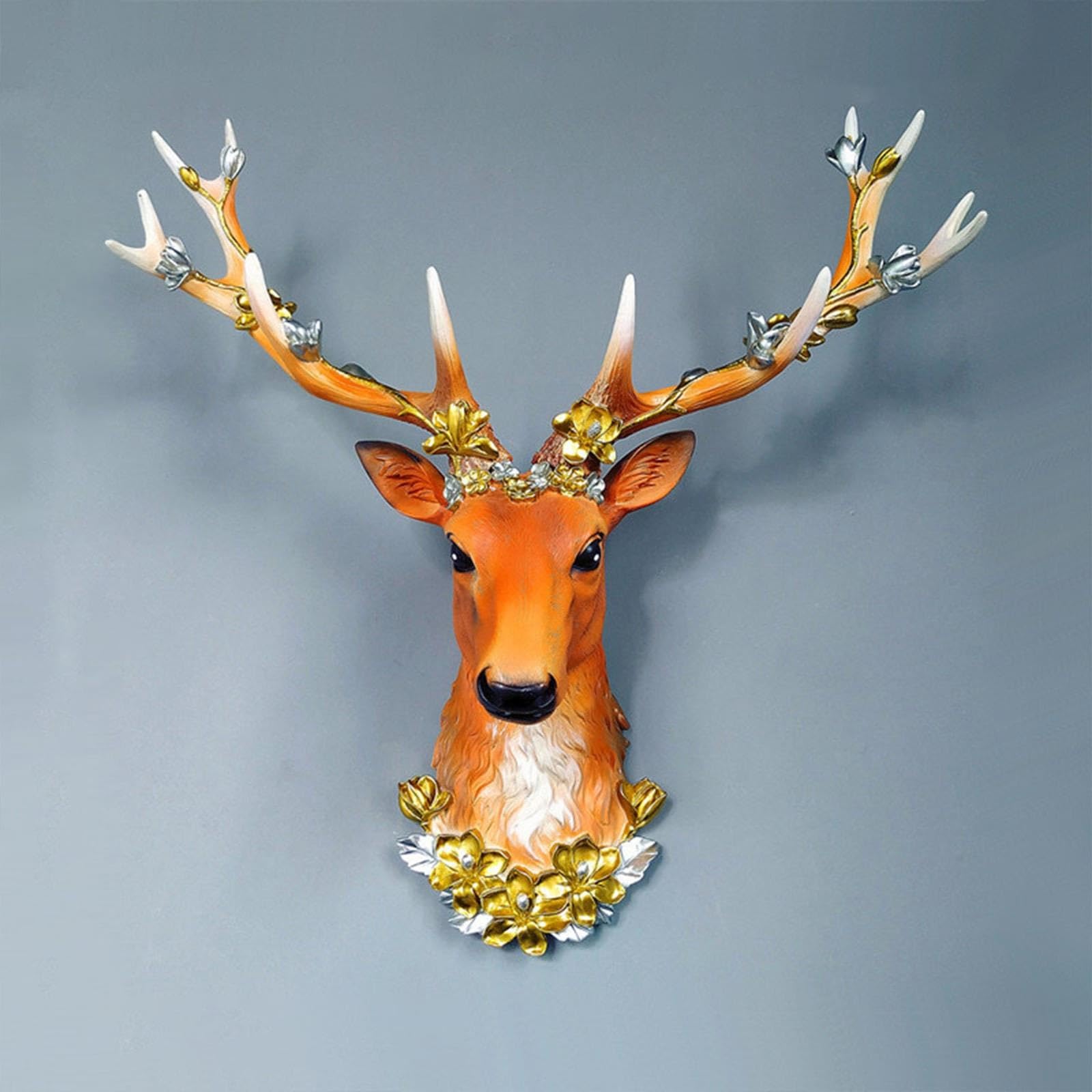 Decorazione Parete Testa di Cervo, Scultura 3D in Resina con Fiori