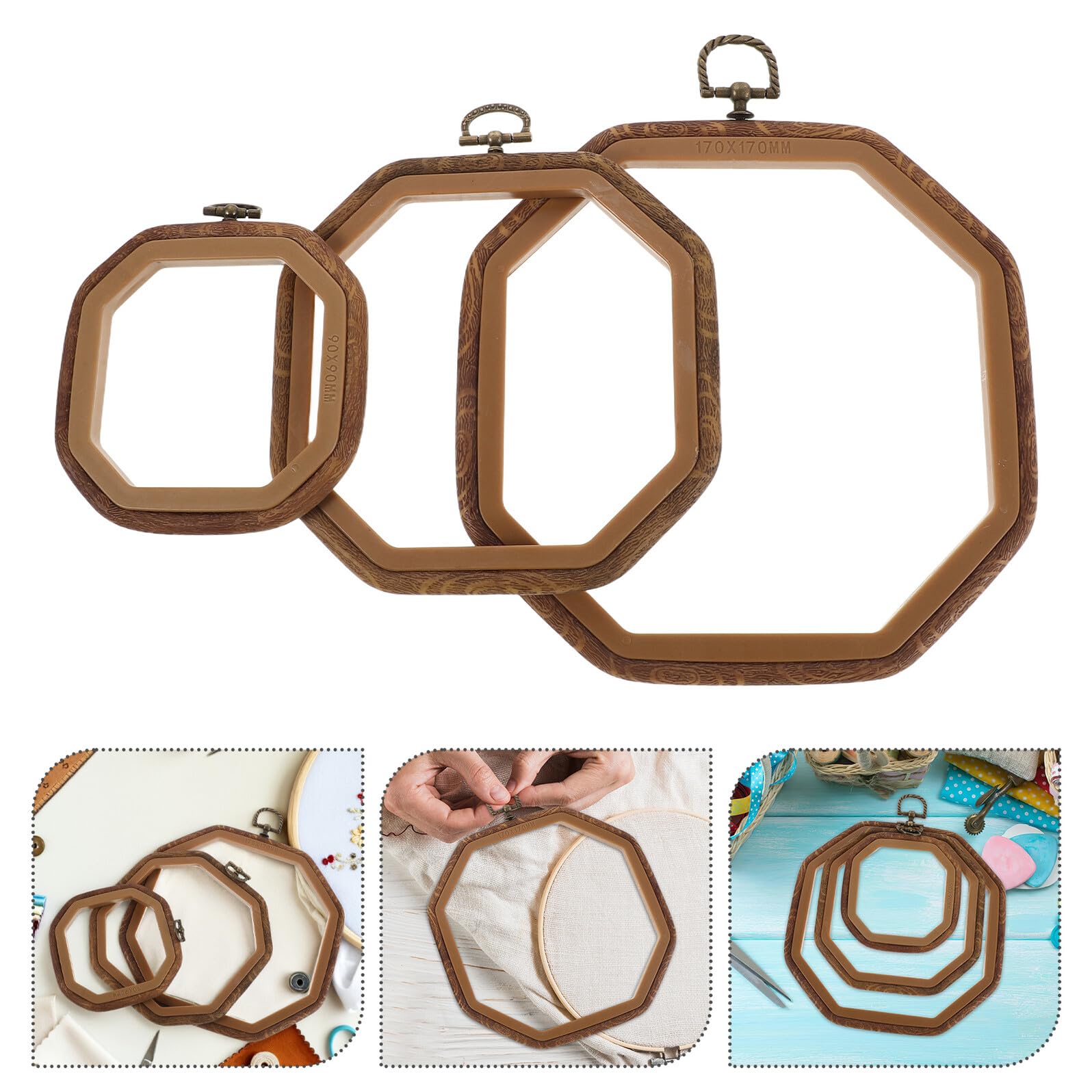 FONDOTIN 6 Stück Achteckiges Stickrahmen Kunststoff Holzoptik 9X9/14X14/18X18cm für Kreuzstich Selbstgemacht Basteln Reise