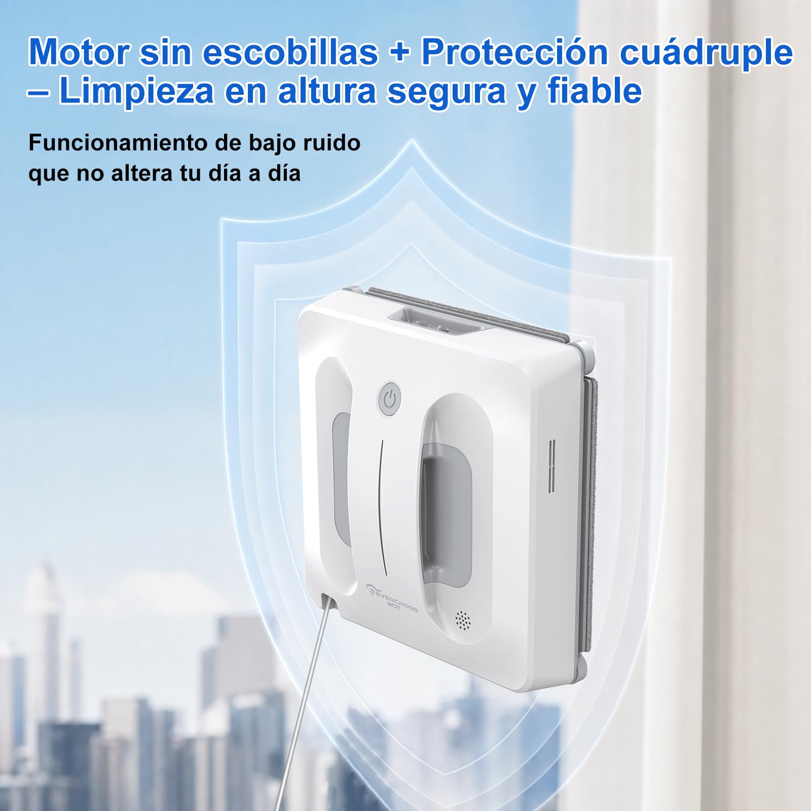 Robot limpiacristales con pulverización automática, App y Mando | 4 boquillas de pulverización · Bomba de agua · 4 modos de limpieza · Control remoto · Adhesión segura