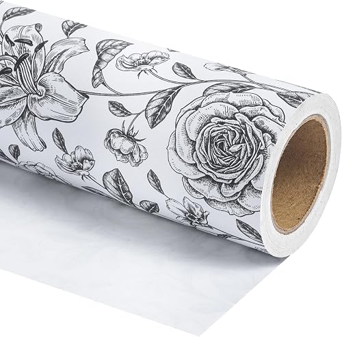 WRAPAHOLIC Jumbo Kraft Floral Wrapping Paper Roll - 30 Inch x 33 Feet - Vintage Black and White Floral Design for Birthday, Bridal Shower, Wedding, Baby Shower